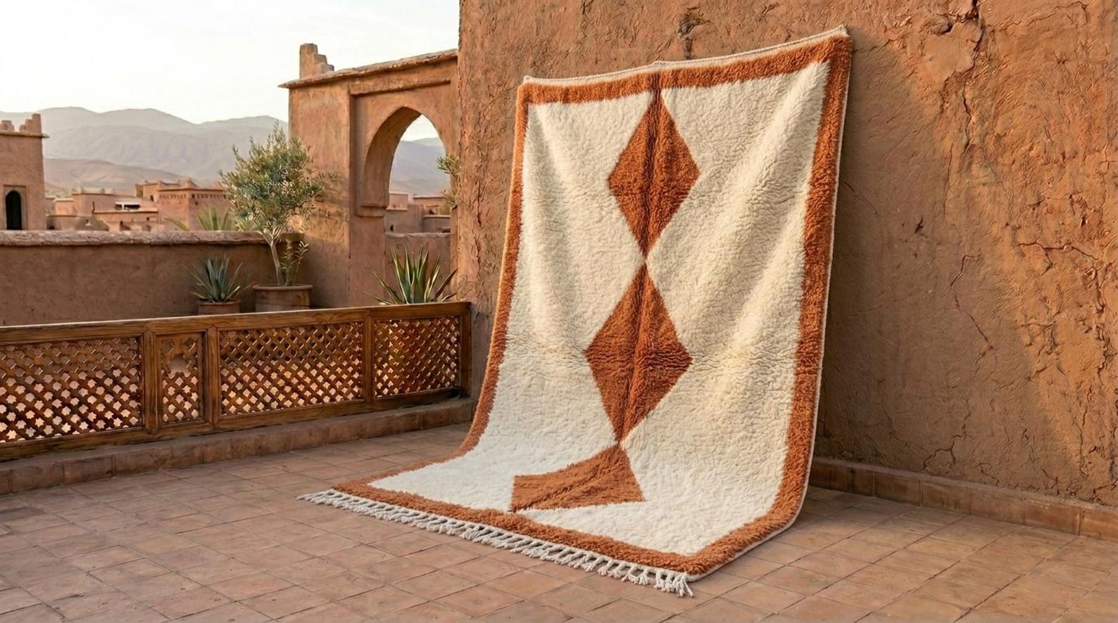 Handwoven Berber Beni Ourain Wool Rug Terracotta Diamond Area Rug