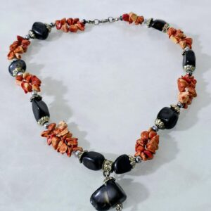 Berber Black Onyx Coral Necklace with Natural Gemstone Beads