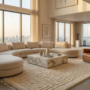 Berber Cream Textured Grid Pattern Handwoven Wool Rug Atlas Decor