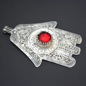 Berber Large Hamsa Necklace with Red Glass Silver Amulet Pendant
