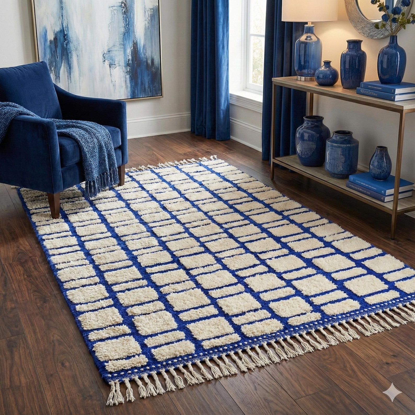 Berber Beni Ourain Blue Grid Handmade Wool Rug with Boujaad Style