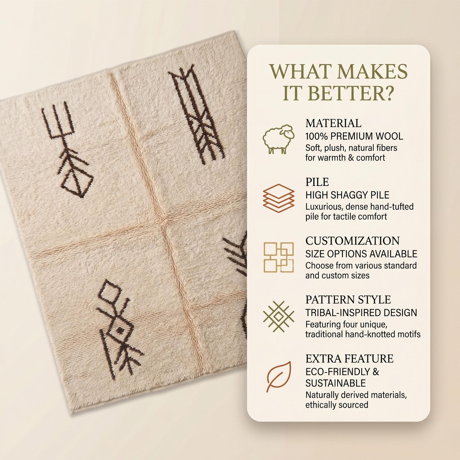 Berber Amazigh Beni Ourain Ivory Wool Rug With Tribal Symbols