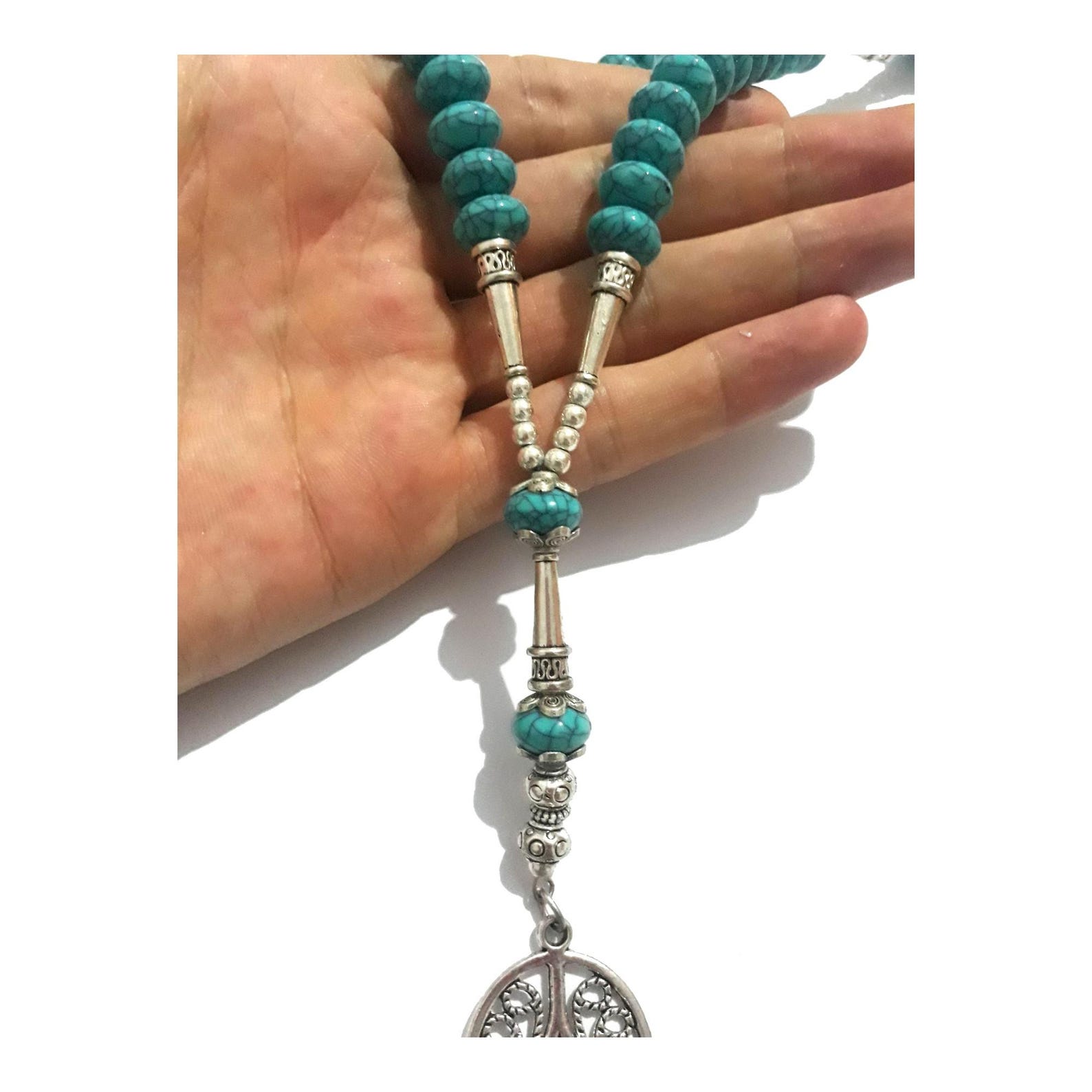 Berber Amazigh Hamsa Necklace with Turquoise Beaded Boho Cord