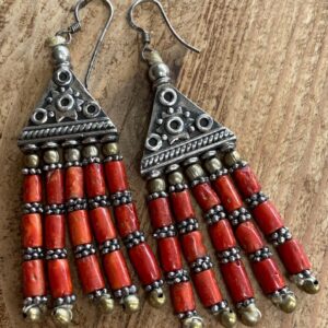 Berber Coral Drop Earrings with Silver Tribal Beaded Design