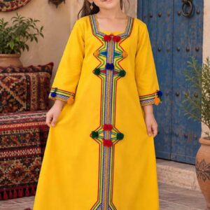 Amazigh Girls Traditional Kaftan Dress with Colorful Embroidery for Kids
