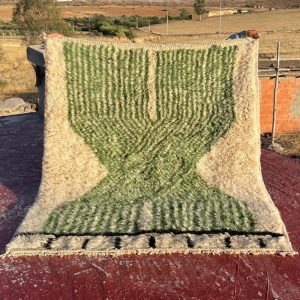Berber Green Cream Plush Textured Wool Rug Geometric Design