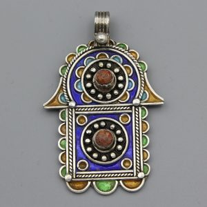 Berber Tuareg Hamsa Pendant Necklace with Blue Enamel Silver Design