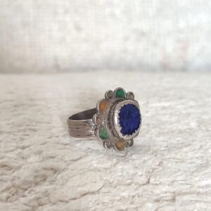 Amazigh Antique Berber Silver Ring with Blue Glass Flower Size 8