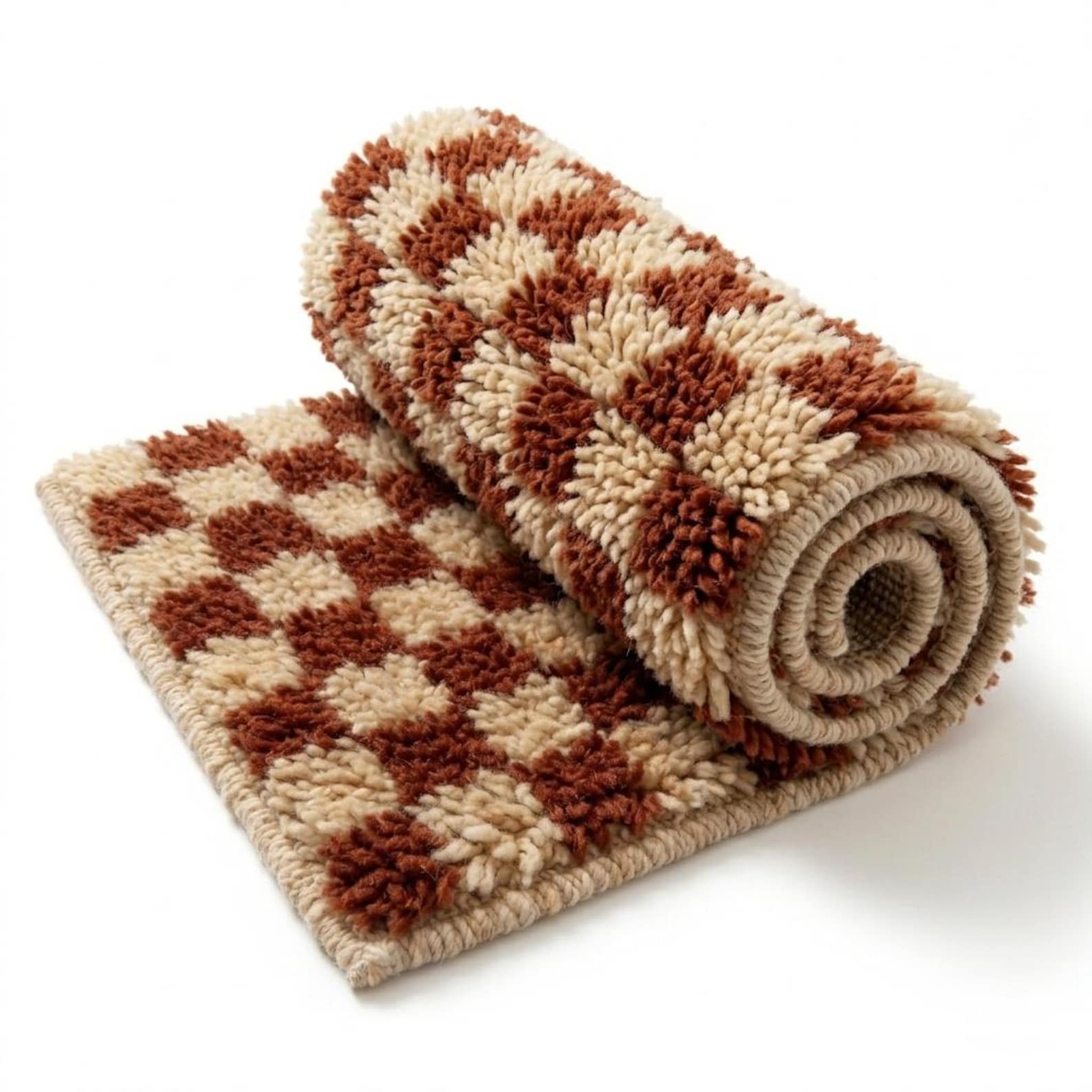 Handwoven Berber Wool Stair Tread Rug Rust Cream Checkerboard