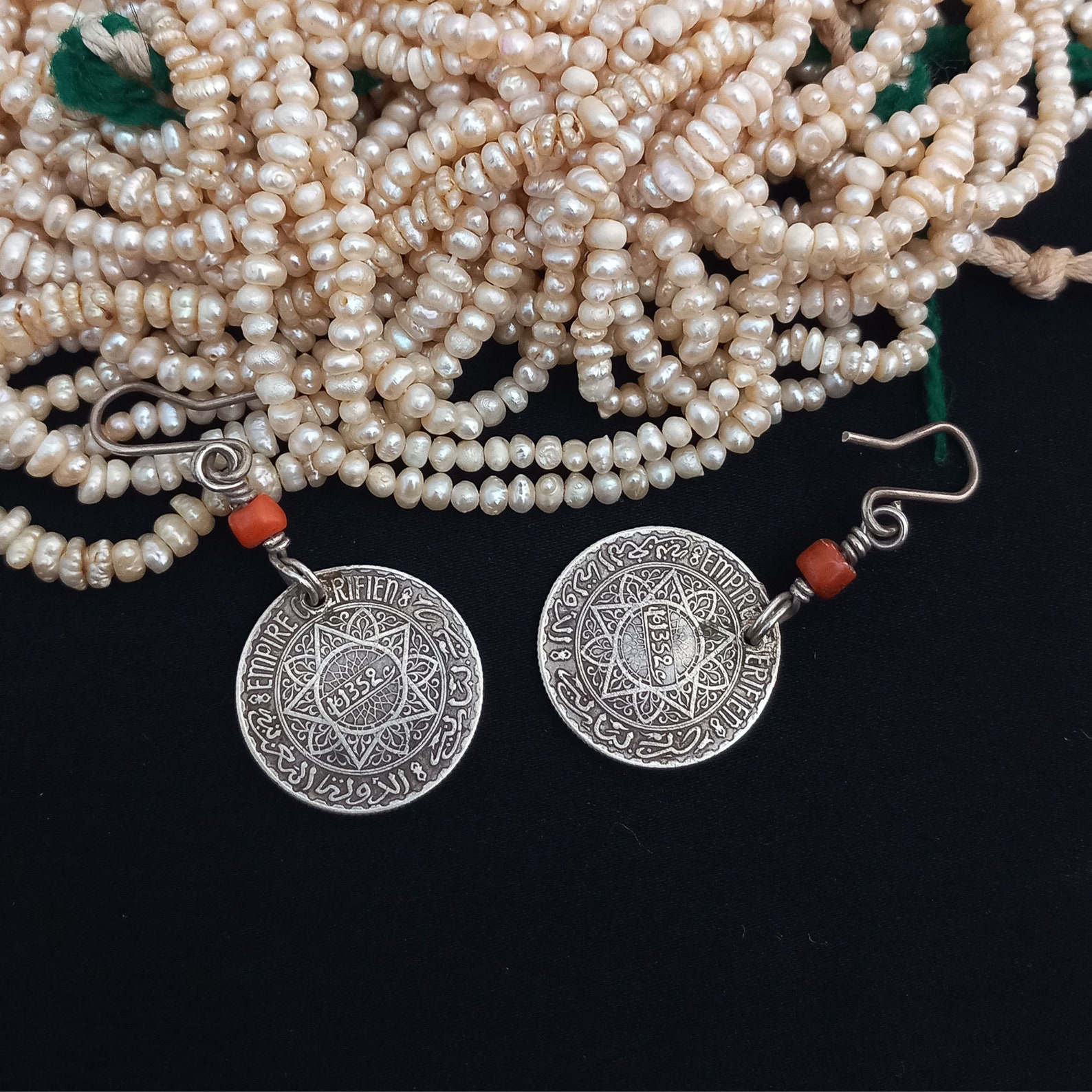 Berber Handmade Silver Coin Earrings with Coral Antique Jewelry Design