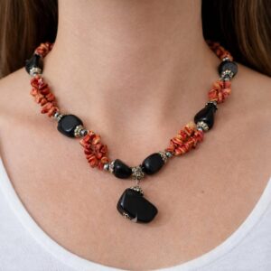 Berber Black Onyx Coral Necklace with Natural Gemstone Beads
