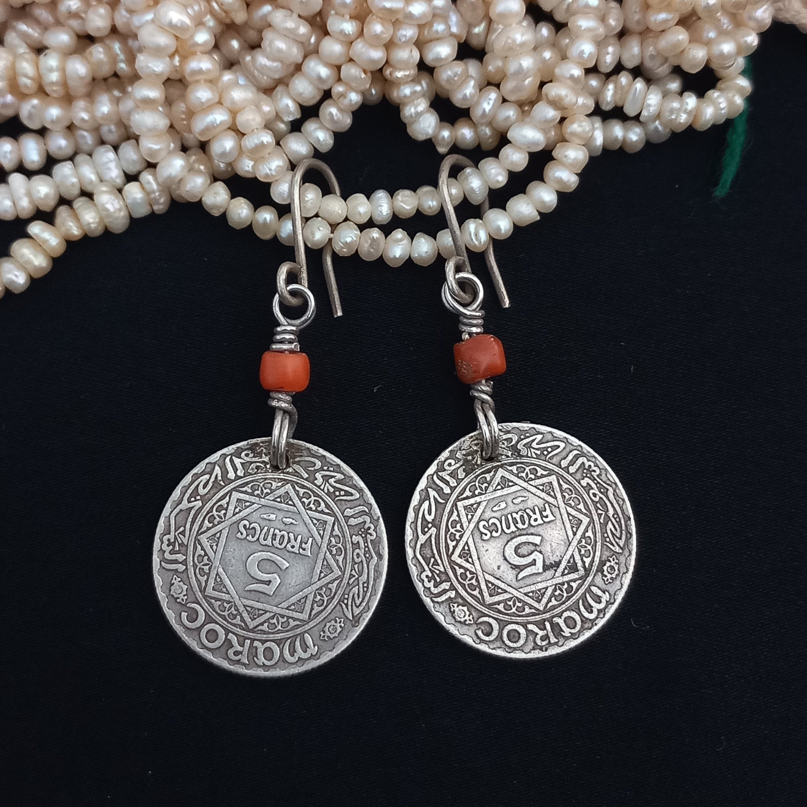 Berber Handmade Silver Coin Earrings with Coral Antique Jewelry Design