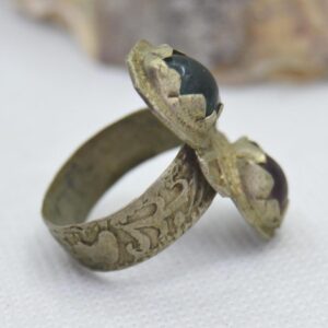 Amazigh Berber Silver Ring with Green Red Cabochon Stones