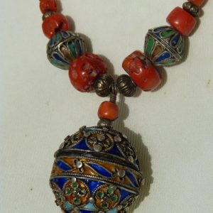 Berber Antique TAGUEMOUT Enamel Perfume Pendant Coral Necklace