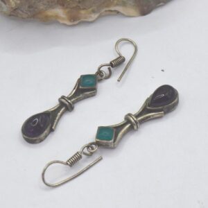 Berber Amazigh Vintage Silver Tone Drop Earrings with Green Purple Stones