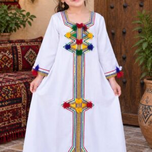 Amazigh Girls Traditional Kaftan Dress with Colorful Embroidery for Kids