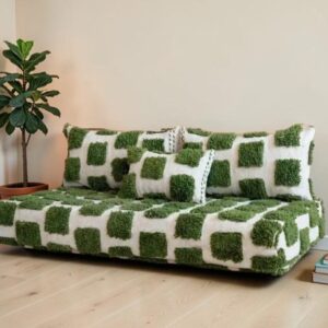 Amazigh Green Checkerboard Plush Arabic Majlis Floor Seating Pouf