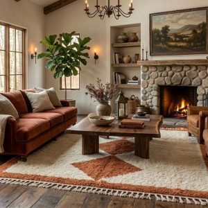 Handwoven Berber Beni Ourain Wool Rug Terracotta Diamond Area Rug