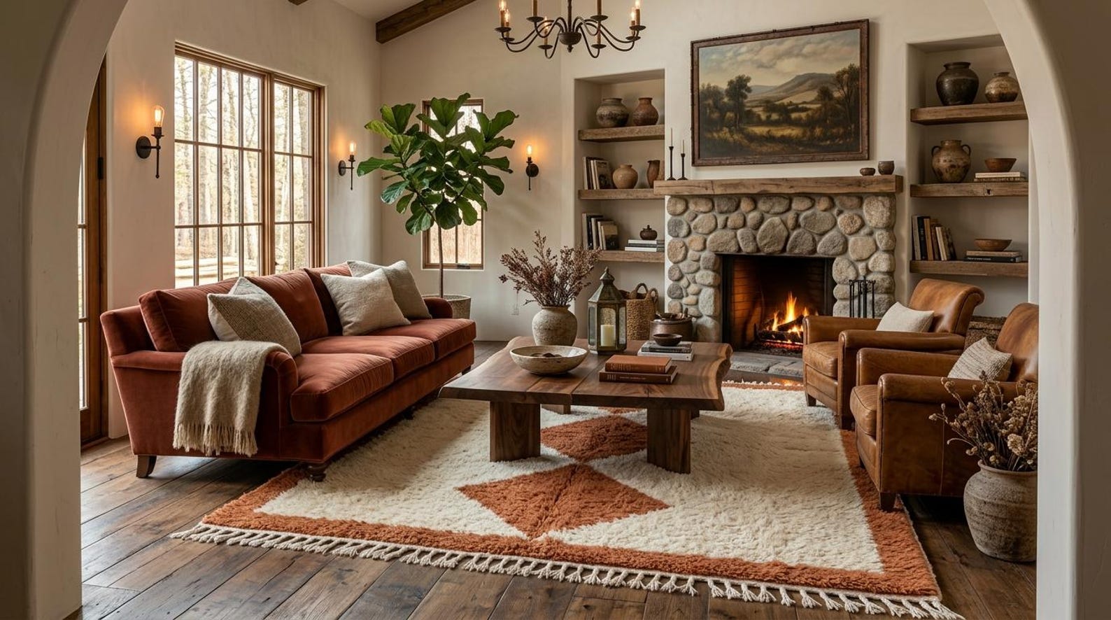 Handwoven Berber Beni Ourain Wool Rug Terracotta Diamond Area Rug