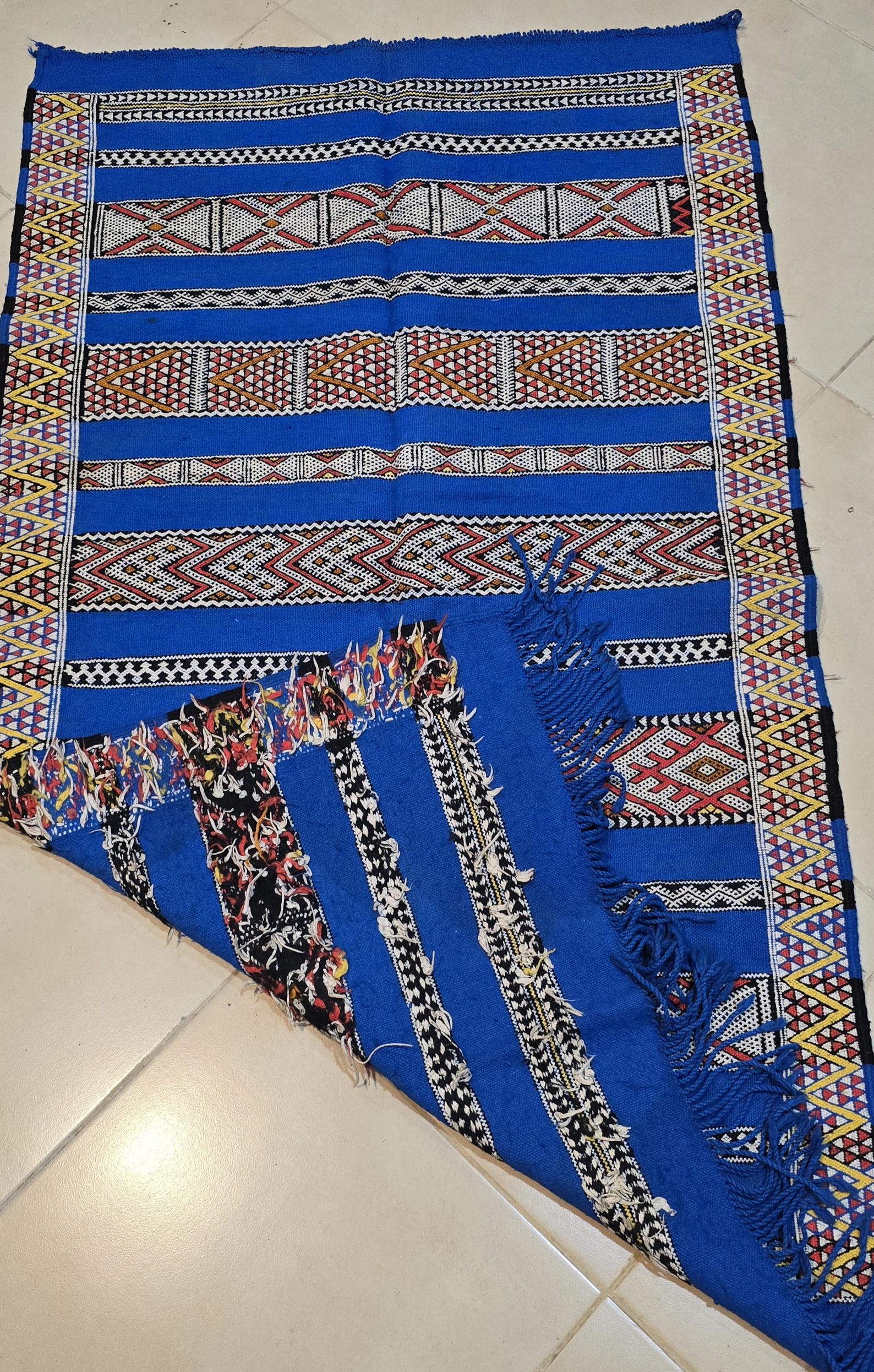 Amazigh Middle Atlas Vintage Blue Kilim Rug with Symbolic Designs