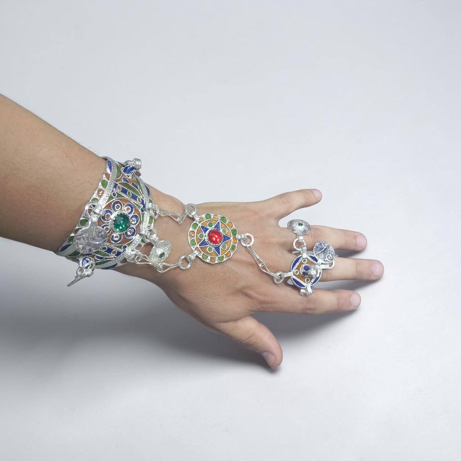 Amazigh Berber Adjustable Bracelet with Enamel Handpiece Ring Design