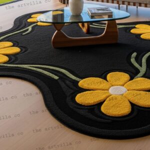 Berber Abstract Handmade Floral Wool Rug Black Yellow Daisy Carpet