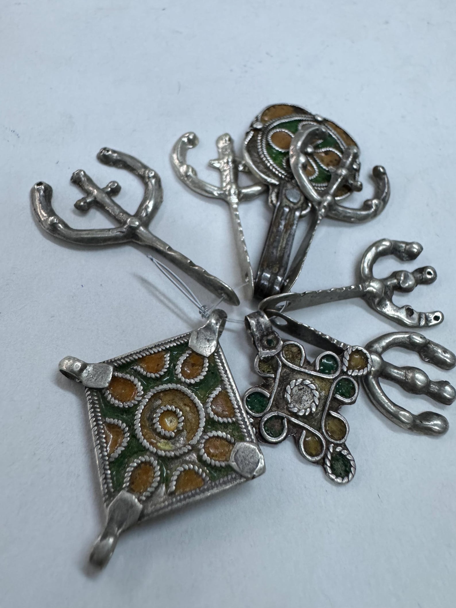 Antique Amazigh Berber Enamel Silver Pendant Necklace with Eight Pendants