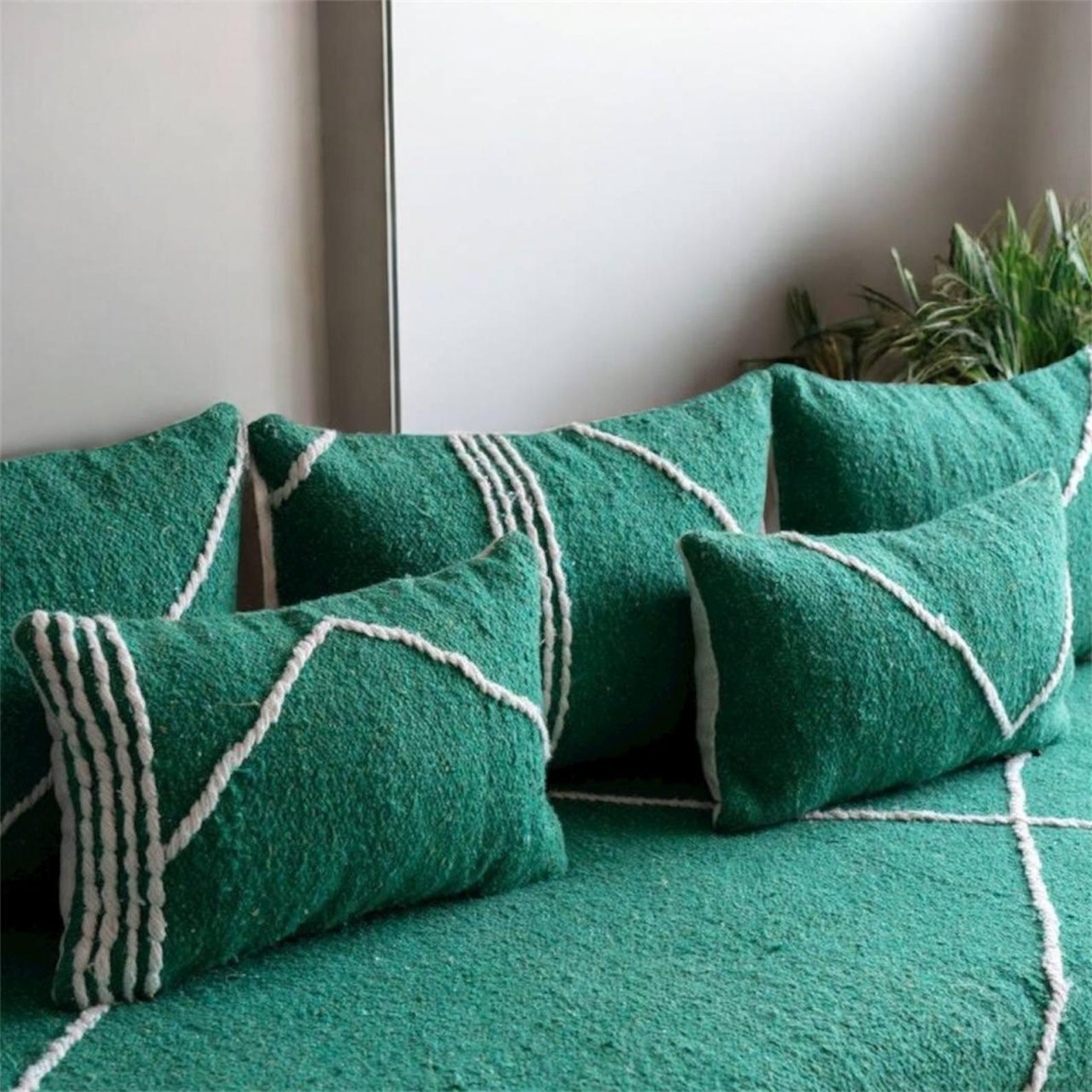 Berber Handmade Green Wool White Stripe Majlis Floor Sofa Pillow