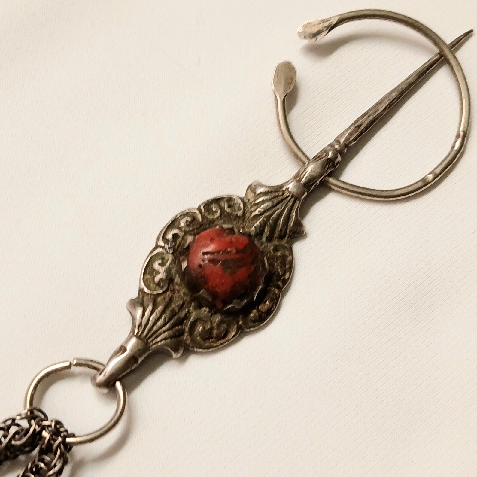 Antique Berber Tizerzai Silver Fibula with Coral Detail Jewelry