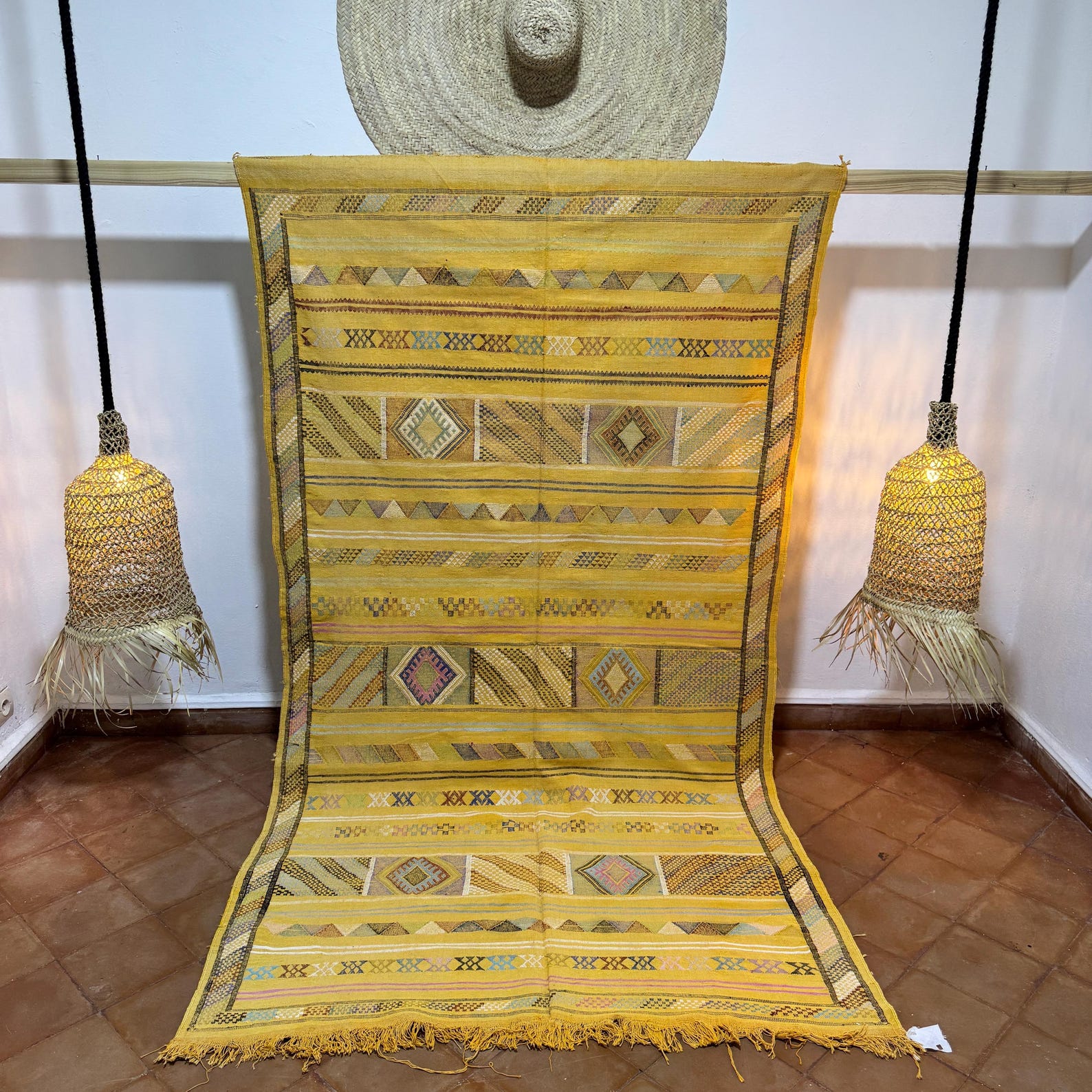 Amazigh Berber Yellow Sabra Kilim Rug with Diamond Motifs