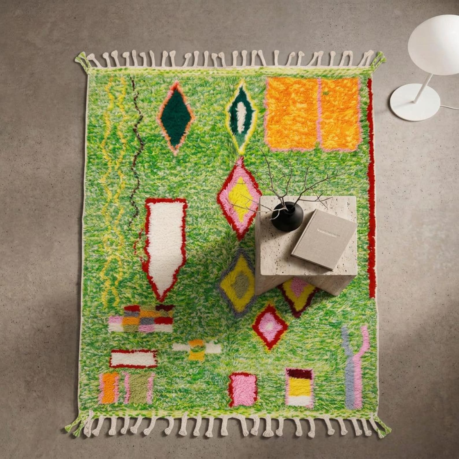 Colorful Amazigh Berber Green Wool Rug With Abstract Geometric Design
