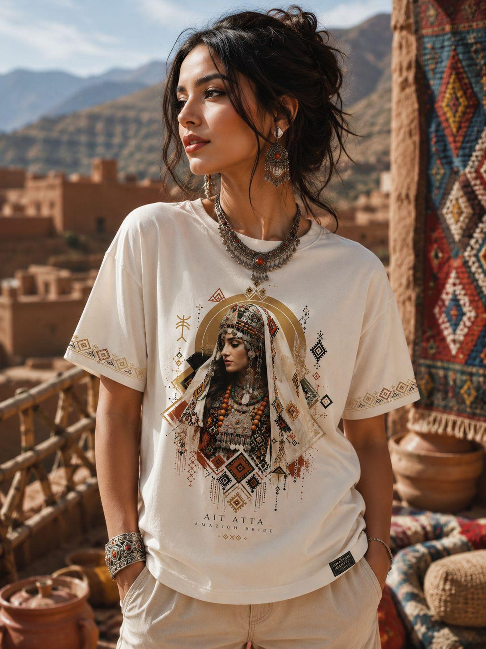 Amazigh Berber Tifinagh Organic Oversized Neck Bride Graphic T-Shirt