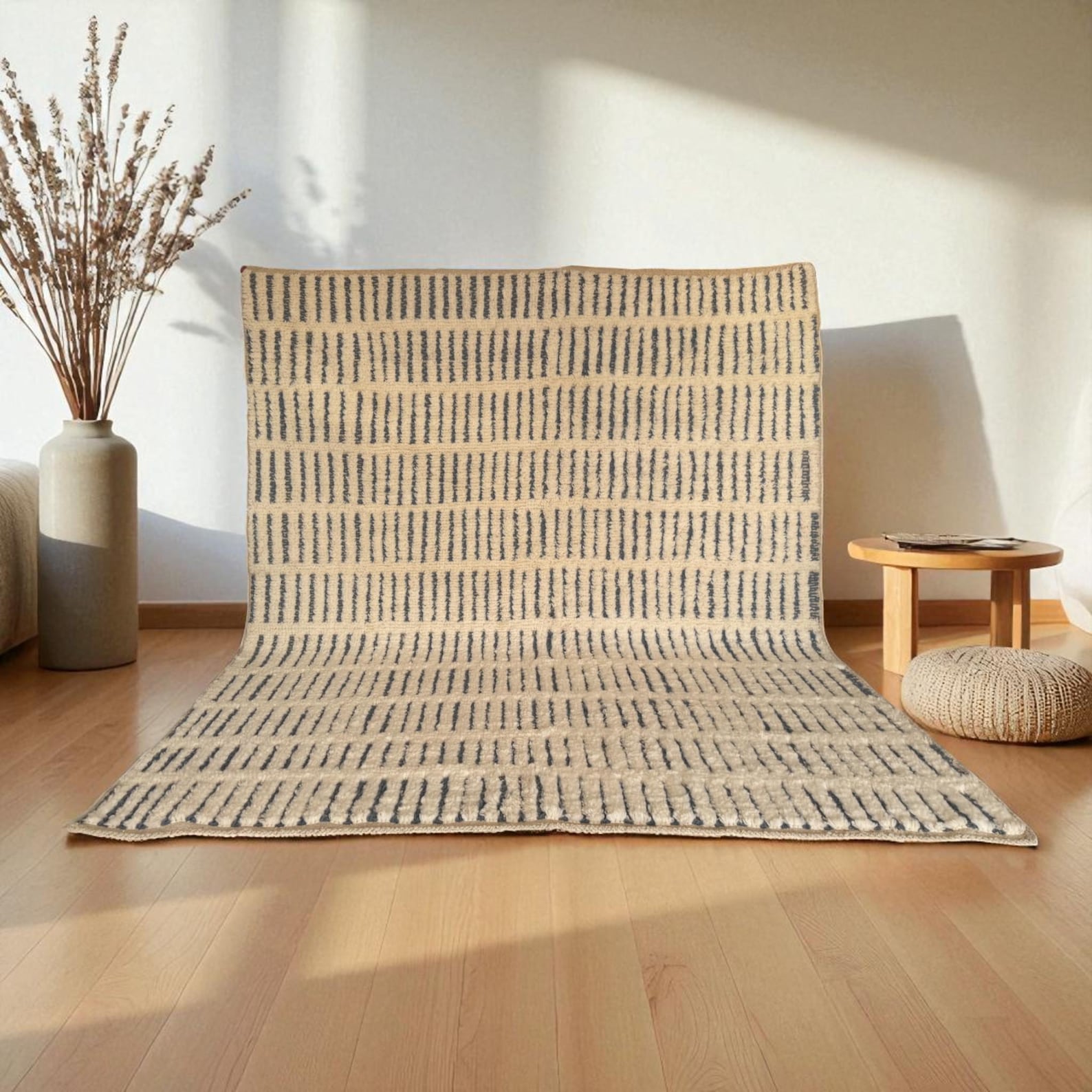 Amazigh Berber Yaz White Wool Rug with Striped Geometric Design