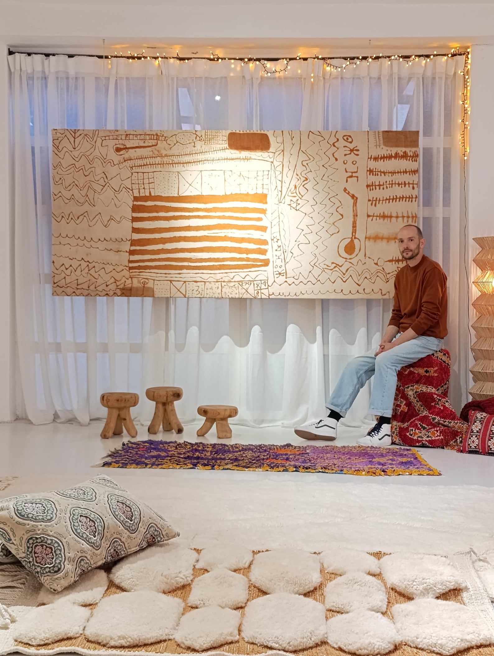 Amazigh Vintage Henna Mounted Chassis Textile Wall Art