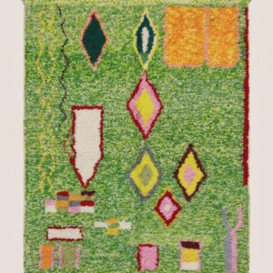Colorful Amazigh Berber Green Wool Rug With Abstract Geometric Design
