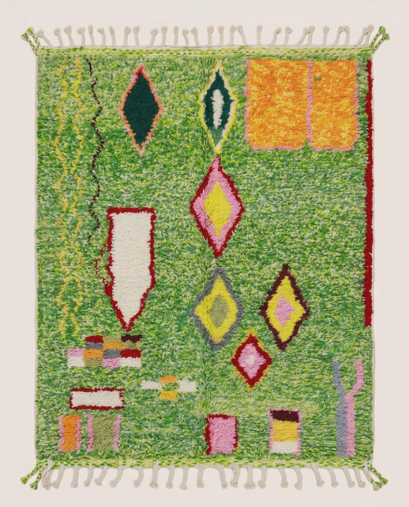 Colorful Amazigh Berber Green Wool Rug With Abstract Geometric Design