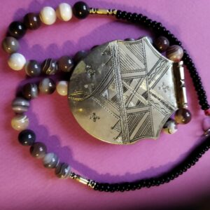 Amazigh Tuareg Vintage Beaded Necklace with Agate Onyx Pendant