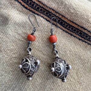 Berber Silver Earrings with Natural Coral Bead Pendants