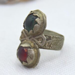 Amazigh Berber Silver Ring with Green Red Cabochon Stones