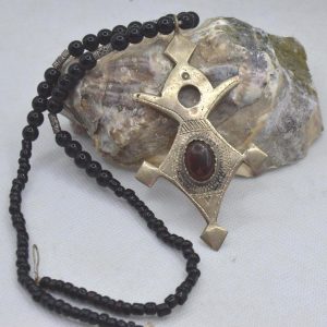 Berber Tuareg Cross Necklace with Carnelian Stone and Black Beads