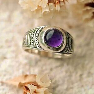 Amazigh Tuareg chevalière Artisanat massif Silver Ring with Amethyst Cabochon