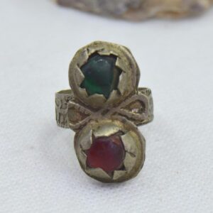 Amazigh Berber Silver Ring with Green Red Cabochon Stones