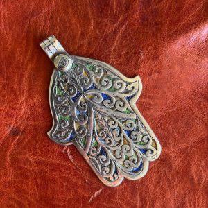 Berber Hamsa Enamel Pendant Solid Silver Necklace Vintage Style