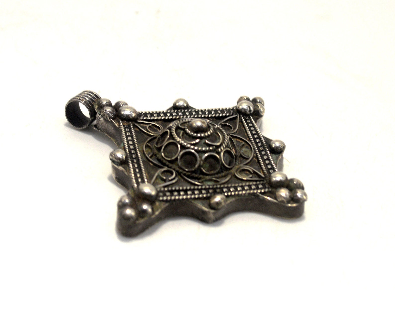 Berber Tuareg Silver Cross Pendant Necklace with Geometric Artisan Design