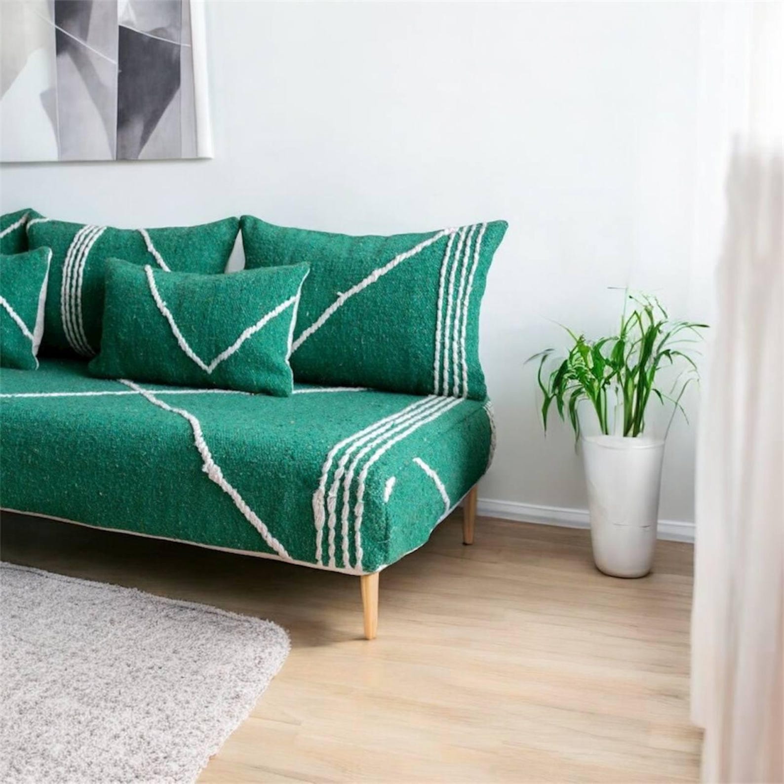Berber Handmade Green Wool White Stripe Majlis Floor Sofa Pillow