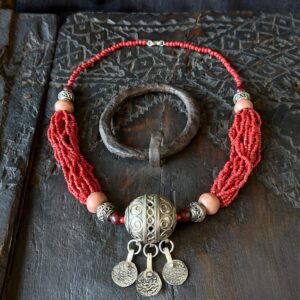 Berber Amazigh Tagmout Necklace with Coral Beads and Silver Pendant