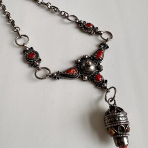 Kabyle Berber Amazigh Silver Pendant Necklace with Coral Inlay