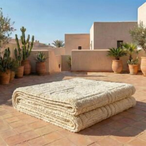 Berber Cream Textured Grid Pattern Handwoven Wool Rug Atlas Decor