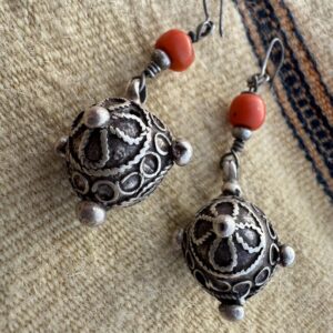 Berber Silver Earrings with Natural Coral Bead Pendants