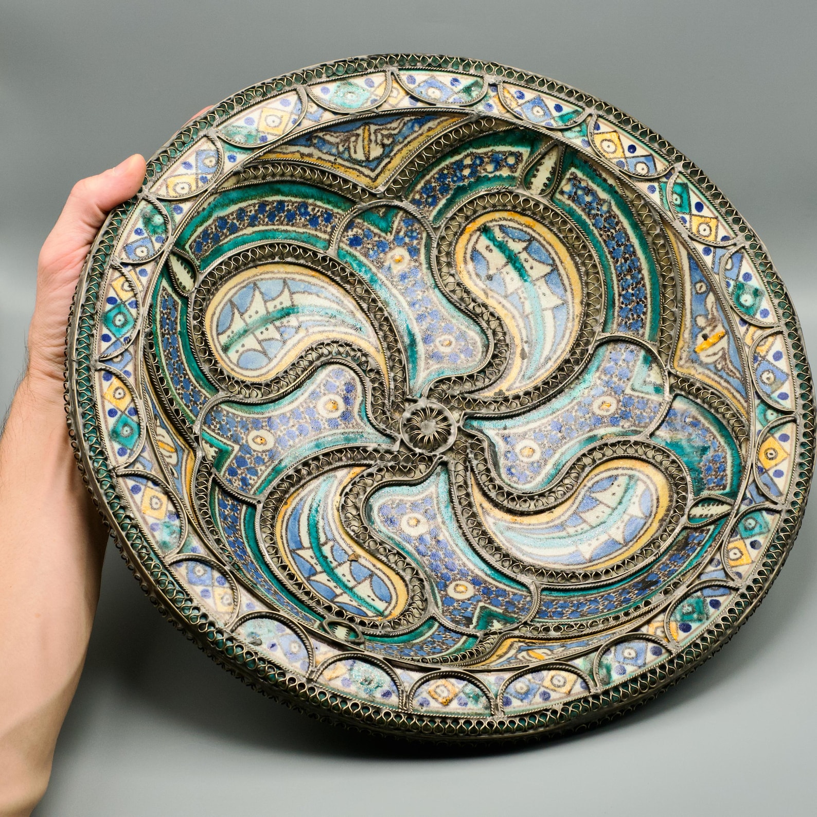 Antique Berber Amazigh Ceramic Plate with Silver Filigree